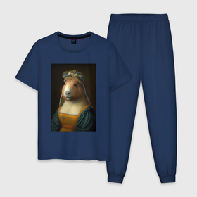 Мужская пижама хлопок с принтом Капибара Мона Лиза , 100% хлопок | брюки и футболка прямого кроя, без карманов, на брюках мягкая резинка на поясе и по низу штанин
 | 