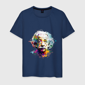 Мужская футболка хлопок с принтом Альберт Эйнштейн в ярких цветах в Петрозаводске, 100% хлопок | прямой крой, круглый вырез горловины, длина до линии бедер, слегка спущенное плечо. | 