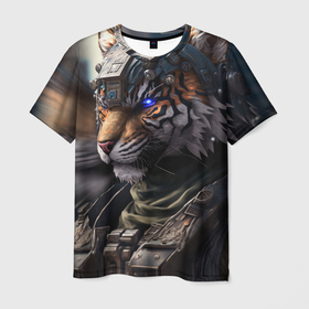Мужская футболка 3D с принтом Battle Tiger в Тюмени, 100% полиэфир | прямой крой, круглый вырез горловины, длина до линии бедер | 