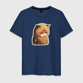 Мужская футболка хлопок с принтом Грустный мультяшный кот в Кировске, 100% хлопок | прямой крой, круглый вырез горловины, длина до линии бедер, слегка спущенное плечо. | Тематика изображения на принте: 