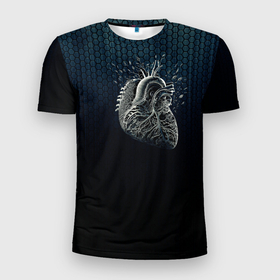 Мужская футболка 3D Slim с принтом Сердце из метала на тёмно синем , 100% полиэстер с улучшенными характеристиками | приталенный силуэт, круглая горловина, широкие плечи, сужается к линии бедра | 