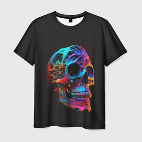 Мужская футболка 3D с принтом Неоновый череп в красках , 100% полиэфир | прямой крой, круглый вырез горловины, длина до линии бедер | 