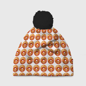 Шапка 3D c помпоном с принтом Пончики паттерн в Тюмени, 100% полиэстер | универсальный размер, печать по всей поверхности изделия | 