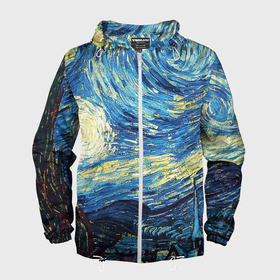 Мужская ветровка 3D с принтом Van Gogh   The starry night в Петрозаводске, 100% полиэстер | подол и капюшон оформлены резинкой с фиксаторами, два кармана без застежек по бокам, один потайной карман на груди | 