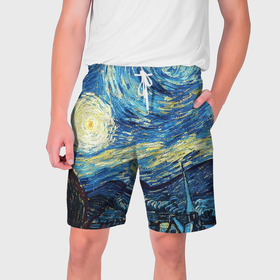 Мужские шорты 3D с принтом Van Gogh   The starry night в Петрозаводске,  полиэстер 100% | прямой крой, два кармана без застежек по бокам. Мягкая трикотажная резинка на поясе, внутри которой широкие завязки. Длина чуть выше колен | 