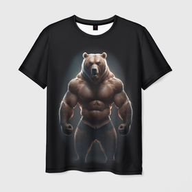 Мужская футболка 3D с принтом Сильный медведь спортсмен , 100% полиэфир | прямой крой, круглый вырез горловины, длина до линии бедер | 