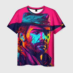 Мужская футболка 3D с принтом Red Dead Redemption in neon style , 100% полиэфир | прямой крой, круглый вырез горловины, длина до линии бедер | 