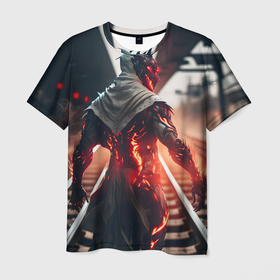 Мужская футболка 3D с принтом Демон железнодорожник, нейросеть в Кировске, 100% полиэфир | прямой крой, круглый вырез горловины, длина до линии бедер | 