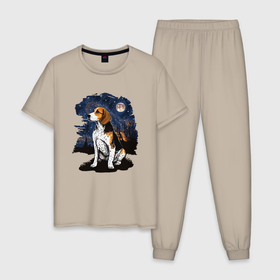 Мужская пижама хлопок с принтом Собака Бигль   звездная ночь Винсента Ван Гога , 100% хлопок | брюки и футболка прямого кроя, без карманов, на брюках мягкая резинка на поясе и по низу штанин
 | Тематика изображения на принте: 