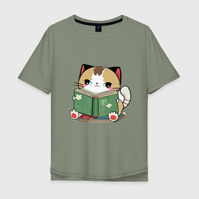 Мужская футболка хлопок Oversize с принтом Японский кот читает книгу в Петрозаводске, 100% хлопок | свободный крой, круглый ворот, “спинка” длиннее передней части | Тематика изображения на принте: 