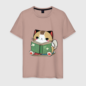 Мужская футболка хлопок с принтом Японский кот читает книгу в Петрозаводске, 100% хлопок | прямой крой, круглый вырез горловины, длина до линии бедер, слегка спущенное плечо. | 