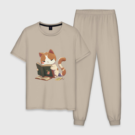Мужская пижама хлопок с принтом Милый кот читает книгу в Петрозаводске, 100% хлопок | брюки и футболка прямого кроя, без карманов, на брюках мягкая резинка на поясе и по низу штанин
 | 