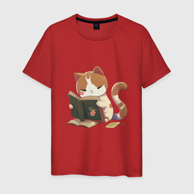 Мужская футболка хлопок с принтом Милый кот читает книгу в Петрозаводске, 100% хлопок | прямой крой, круглый вырез горловины, длина до линии бедер, слегка спущенное плечо. | Тематика изображения на принте: 