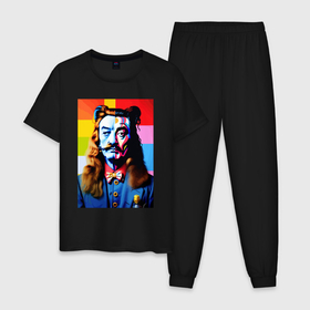 Мужская пижама хлопок с принтом Salvador Dali and neural network   collaboration   self portrait , 100% хлопок | брюки и футболка прямого кроя, без карманов, на брюках мягкая резинка на поясе и по низу штанин
 | 