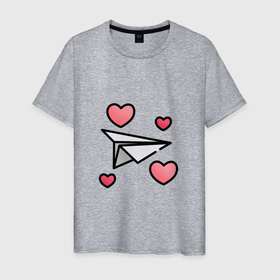 Мужская футболка хлопок с принтом Бумажный самолетик   сердца в Кировске, 100% хлопок | прямой крой, круглый вырез горловины, длина до линии бедер, слегка спущенное плечо. | 