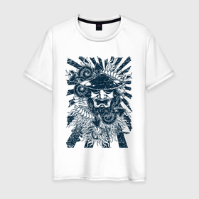 Мужская футболка хлопок с принтом Самурай восходящего солнца в Белгороде, 100% хлопок | прямой крой, круглый вырез горловины, длина до линии бедер, слегка спущенное плечо. | 