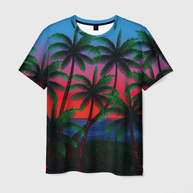 Мужская футболка 3D с принтом Пальмы, море, лето , 100% полиэфир | прямой крой, круглый вырез горловины, длина до линии бедер | Тематика изображения на принте: 