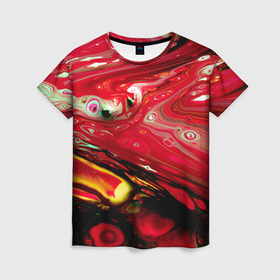 Женская футболка 3D с принтом Абстрактный лавовый поток с красными красками в Петрозаводске, 100% полиэфир ( синтетическое хлопкоподобное полотно) | прямой крой, круглый вырез горловины, длина до линии бедер | Тематика изображения на принте: 