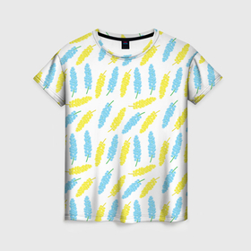Женская футболка 3D с принтом Узор из веточек мимозы в Тюмени, 100% полиэфир ( синтетическое хлопкоподобное полотно) | прямой крой, круглый вырез горловины, длина до линии бедер | 
