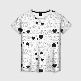 Женская футболка 3D с принтом Узор из черно белых сердец на белом фоне в Петрозаводске, 100% полиэфир ( синтетическое хлопкоподобное полотно) | прямой крой, круглый вырез горловины, длина до линии бедер | 