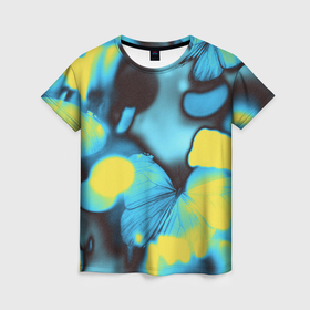 Женская футболка 3D с принтом Голубые бабочки асбтракция в Кировске, 100% полиэфир ( синтетическое хлопкоподобное полотно) | прямой крой, круглый вырез горловины, длина до линии бедер | 