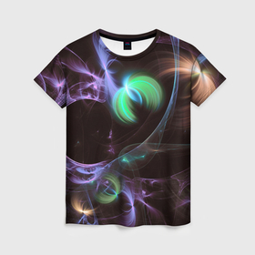 Женская футболка 3D с принтом Магические фиолетовые волны и цветные космические линии в Санкт-Петербурге, 100% полиэфир ( синтетическое хлопкоподобное полотно) | прямой крой, круглый вырез горловины, длина до линии бедер | 