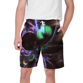 Мужские шорты 3D с принтом Магические фиолетовые волны и цветные космические линии в Курске,  полиэстер 100% | прямой крой, два кармана без застежек по бокам. Мягкая трикотажная резинка на поясе, внутри которой широкие завязки. Длина чуть выше колен | 