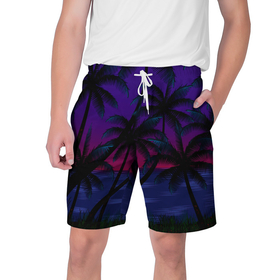 Мужские шорты 3D с принтом Море, пальмы, сумерки ,  полиэстер 100% | прямой крой, два кармана без застежек по бокам. Мягкая трикотажная резинка на поясе, внутри которой широкие завязки. Длина чуть выше колен | 