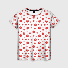 Женская футболка 3D с принтом Узор из красных шариков на белом фоне , 100% полиэфир ( синтетическое хлопкоподобное полотно) | прямой крой, круглый вырез горловины, длина до линии бедер | 