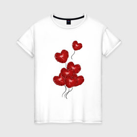 Женская футболка хлопок с принтом улетающие воздушные шарики в виде сердечка в Белгороде, 100% хлопок | прямой крой, круглый вырез горловины, длина до линии бедер, слегка спущенное плечо | 