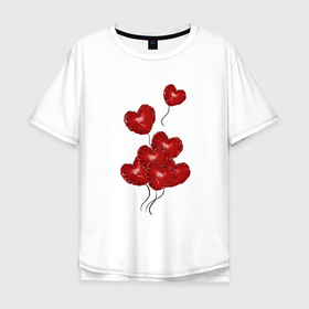 Мужская футболка хлопок Oversize с принтом улетающие воздушные шарики в виде сердечка в Белгороде, 100% хлопок | свободный крой, круглый ворот, “спинка” длиннее передней части | Тематика изображения на принте: 
