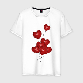 Мужская футболка хлопок с принтом улетающие воздушные шарики в виде сердечка в Белгороде, 100% хлопок | прямой крой, круглый вырез горловины, длина до линии бедер, слегка спущенное плечо. | Тематика изображения на принте: 