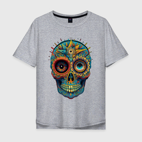 Мужская футболка хлопок Oversize с принтом Mexican skull в Екатеринбурге, 100% хлопок | свободный крой, круглый ворот, “спинка” длиннее передней части | 