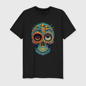 Мужская футболка хлопок Slim с принтом Mexican skull в Санкт-Петербурге, 92% хлопок, 8% лайкра | приталенный силуэт, круглый вырез ворота, длина до линии бедра, короткий рукав | 