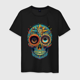 Мужская футболка хлопок с принтом Mexican skull в Санкт-Петербурге, 100% хлопок | прямой крой, круглый вырез горловины, длина до линии бедер, слегка спущенное плечо. | 