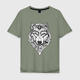 Мужская футболка хлопок Oversize с принтом Альфа волк в Тюмени, 100% хлопок | свободный крой, круглый ворот, “спинка” длиннее передней части | 