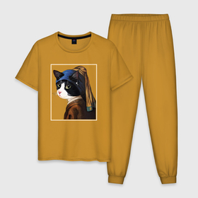 Мужская пижама хлопок с принтом Кошечка с жемчужной сережкой Ян Вермеер в Тюмени, 100% хлопок | брюки и футболка прямого кроя, без карманов, на брюках мягкая резинка на поясе и по низу штанин
 | 