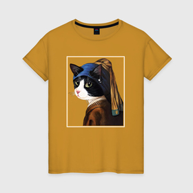 Женская футболка хлопок с принтом Кошечка с жемчужной сережкой Ян Вермеер в Тюмени, 100% хлопок | прямой крой, круглый вырез горловины, длина до линии бедер, слегка спущенное плечо | 