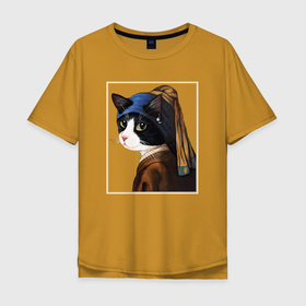Мужская футболка хлопок Oversize с принтом Кошечка с жемчужной сережкой Ян Вермеер в Тюмени, 100% хлопок | свободный крой, круглый ворот, “спинка” длиннее передней части | 