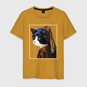 Мужская футболка хлопок с принтом Кошечка с жемчужной сережкой Ян Вермеер в Тюмени, 100% хлопок | прямой крой, круглый вырез горловины, длина до линии бедер, слегка спущенное плечо. | 