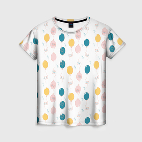 Женская футболка 3D с принтом Узор из воздушных шариков и котов , 100% полиэфир ( синтетическое хлопкоподобное полотно) | прямой крой, круглый вырез горловины, длина до линии бедер | 