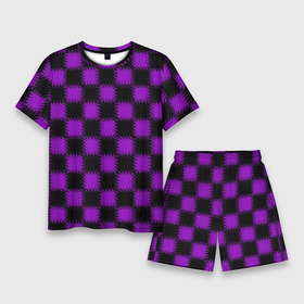 Мужской костюм с шортами 3D с принтом Фиолетовый черный узор Шахматка в Кировске,  |  | Тематика изображения на принте: 