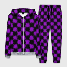 Мужской костюм 3D с принтом Фиолетовый черный узор Шахматка в Белгороде, 100% полиэстер | Манжеты и пояс оформлены тканевой резинкой, двухслойный капюшон со шнурком для регулировки, карманы спереди | 