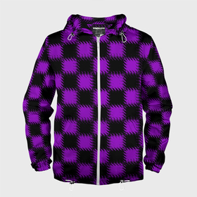 Мужская ветровка 3D с принтом Фиолетовый черный узор Шахматка в Санкт-Петербурге, 100% полиэстер | подол и капюшон оформлены резинкой с фиксаторами, два кармана без застежек по бокам, один потайной карман на груди | 