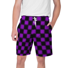 Мужские шорты 3D с принтом Фиолетовый черный узор Шахматка в Курске,  полиэстер 100% | прямой крой, два кармана без застежек по бокам. Мягкая трикотажная резинка на поясе, внутри которой широкие завязки. Длина чуть выше колен | Тематика изображения на принте: 