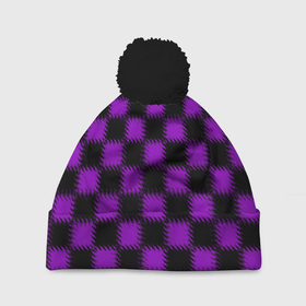 Шапка 3D c помпоном с принтом Фиолетовый черный узор Шахматка в Кировске, 100% полиэстер | универсальный размер, печать по всей поверхности изделия | Тематика изображения на принте: 