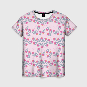 Женская футболка 3D с принтом Узор из малиновых тюльпанов , 100% полиэфир ( синтетическое хлопкоподобное полотно) | прямой крой, круглый вырез горловины, длина до линии бедер | 