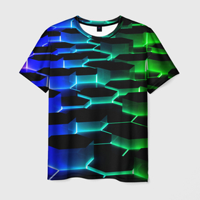 Мужская футболка 3D с принтом Неоновый разлом световых плит в Кировске, 100% полиэфир | прямой крой, круглый вырез горловины, длина до линии бедер | 