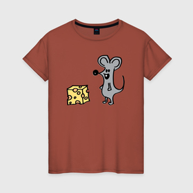 Женская футболка хлопок с принтом Мышонок рад сыру в Тюмени, 100% хлопок | прямой крой, круглый вырез горловины, длина до линии бедер, слегка спущенное плечо | 