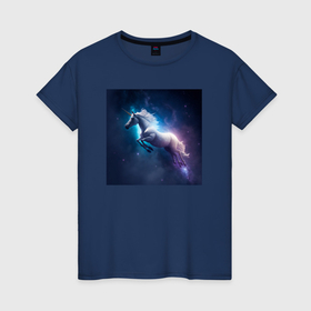 Женская футболка хлопок с принтом Единорог в космосе в Санкт-Петербурге, 100% хлопок | прямой крой, круглый вырез горловины, длина до линии бедер, слегка спущенное плечо | 